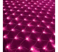DINOWIN Garden Net Lights Battery Operated 1.5x1.5M 96LED Waterproof Net Mesh String Lights 8 Modes Fairy Lights for Indoor Outdoor Christmas Tree Bush Garden Backyard Décor (Pink)