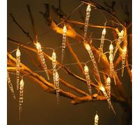 DINOWIN LED Icicle Fairy Lights Battery Operated 19.68FT 40LED Acrylic Icicle Clear Plastic Icicles Fairy Lighting Curtain for Winter Decoration Garden Party Holiday (Warm White)