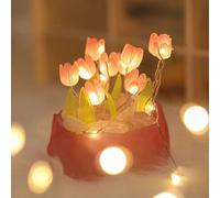 DINOWIN LED Tulip Night Light Assembly Kit with Pink Vase, DIY Artificial Tulips Flowers Table Lamp Ornaments for Party Home Wedding (10flower, Pink)