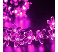 DINOWIN Solar Cherry Blossom Flower String Lights Waterproof 21 Feet 50 LED Peach Cherry Blossom Flower Fairy Lights 8 Modes for Wedding Christmas Gardens Indoor Home (Pink)