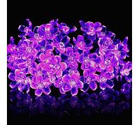 DINOWIN Solar Cherry Blossom Flower String Lights Waterproof 21 Feet 50 LED Peach Cherry Blossom Flower Fairy Lights 8 Modes for Wedding Christmas Gardens Indoor Home (Purple)