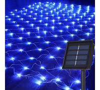 DINOWIN Solar Net Lights Outdoor Garden, 100LED 1.1M X 1.1M Waterproof 8 Modes Solar Mesh Fairy Icicle String Lights for Backyard Patio Gazebo Fence Lounge Party Decoration (Blue)