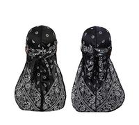 DINPREY Assorted Paisley Bandana Doo rag Cap Headwraps Men's Women's Silk Durag with Long Tail and Wide Straps for 360 Waves, Black,navy Bule, 7 3/8