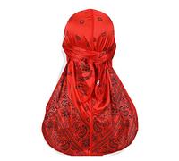DINPREY Assorted Paisley Bandana Doo rag Cap Headwraps Men's Women's Silk Durag with Long Tail and Wide Straps for 360 Waves, Red, 7 3/8