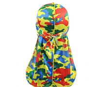 DINPREY Assorted Paisley Bandana Doo rag Cap Headwraps Men's Women's Silk Durag with Long Tail and Wide Straps for 360 Waves, Multicolor Camouflage, 7.375