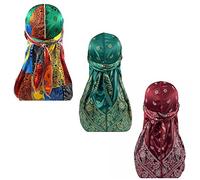 DINPREY Assorted Paisley Bandana Doo rag Cap Headwraps Men's Women's Silk Durag with Long Tail and Wide Straps for 360 Waves, Wine,green,multicolor, 7 3/8