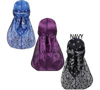 DINPREY Assorted Paisley Bandana Doo rag Cap Headwraps Men's Women's Silk Durag with Long Tail and Wide Straps for 360 Waves, Navy Blue,purple,blue, One Size