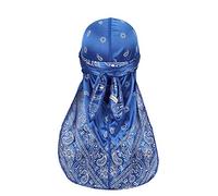 DINPREY Assorted Paisley Bandana Doo rag Cap Headwraps Men's Women's Silk Durag with Long Tail and Wide Straps for 360 Waves, Blue, 7.375