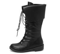 DINTAHA Black Pirate Cosplay Boots Mid Calf Lace Up Boots Low Heel Fold Over Boots
