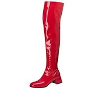 DINTAHA Red Patent Leather Thigh High Boots Low Heel Square Toe Chunky Heel Over The Knee Boots with Zip Up