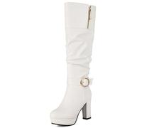 DINTAHA White Fold Over Chunky Heel Knee High Platform Boots Round Toe Slouch Boots