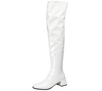 DINTAHA White Patent Leather Thigh High Boots Low Heel Square Toe Chunky Heel Over The Knee Boots with Zip Up