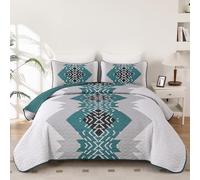 Dintszyayue Teal Boho Quilt Set Queen 3 Pieces Turquoise Aztec Texture Bedspread Coverlet Set with 2 Pillowcases Soft Lightweight Microfiber Bohemian Quilt Bedding Set for All Season 90"x96"