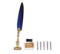 Dioche Dip Pen Ink Feather Pen Set - Elegant Vintage Stainless Steel Quill, Smooth Writing Feather Quill Gift Set, Includes Ink Bottle and Nibs For Calligraphy, Ideal For Art Lovers (Blue)