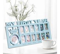 DION My First Year Baby Photo Frame, 12 Months Picture Frames, Infant Keepsake Collage Frame for Boys Girls Shower Gift, Wall Hanging Decoration, Blue