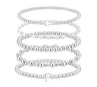 Diorra Silver Bracelets for Women, 5pcs Cross Initial Bracelets Set Waterproof Dainty Beaded Silver Bracelet Stack for Women Jewelry Set for Gifts, adjustable, Brass, no gemstone