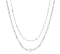 Diorra Silver Necklaces for Women, 2Pcs Layered Silver Chains for Women 925 Sterling Silver Italian Box/Rope/Figaro/Cuban Link Chain Necklace Jewellery Gifts