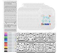 Dioshark 14 PCS Baby Bib White for DIY Painting Cotton, Teething Bibs, Personalised Bib with Ties, Waterproof Feeding Eating Weaning Bibs Set with Letters Numbers Animals Stencils and Textile Markers