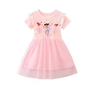 Dioshark Dress Baby Girls Short Sleeves Cotton Summer Dresses for Kids Pink Tulle Princess Dresses with Ballet Dancer Print Patterns Toddler Child Party Birthday Casual Outfits for Age 2-3 Years