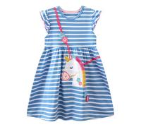 Dioshark Dresses Girls Short Sleeves Kids Dress Cotton Blue White Stripe Animal Floral Applique Embroidery Patterns Summer Children Ruffled Cap Sleeve T-Shirt Skirt Outdoor School for Age 4-5 Years