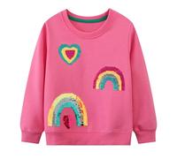 Dioshark Girls Sweatshirts Rose Red Rainbow Heart Glitter Sequin Jumpers for Kids Cotton Long Sleeves Pullover Spring Autumn Warm Shirt Christmas Casual Outfits for Child Age 4-5 Years