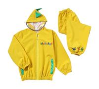 Dioshark Puddle Suit Waterproof Boys Rain Jacket & Overtrousers Set Hooded Yellow Dinosaur Print Package Quick Dry Camping School Overalls Rainwear Pants with Reflective Strip for Kids Age 4-5 Years