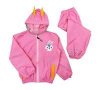 Dioshark Waterproof Suit Girls Rain Mud Dirty Proof Jacket & Overpants Set Hooded Pink Rabbit Pattern Kid Puddle Suit Lightweight Rainproof Coat and Trouser with Reflective Strip for Age 5-6 Years, XL