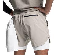 DIOTSR Mens 2 in 1 Running Workout Shorts for Men Lightweight Training Shorts Quick Dry Gym Shorts with Phone Pocket, Chai, Large