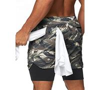 DIOTSR Mens 2 in 1 Running Workout Shorts Lightweight Athletic Gym Shorts with Pockets, Camo Green, Medium