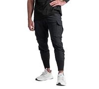 DIOTSR Men's High Ribbed Cargo Workout Jogger Pants Stretchy Running Gym Pants with Zipper Pockets, Black, Large
