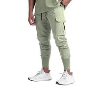 DIOTSR Men's High Ribbed Cargo Workout Jogger Pants Stretchy Running Gym Pants with Zipper Pockets, Greyish Green, X-Large