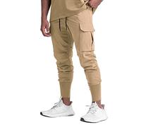 DIOTSR Men's High Ribbed Cargo Workout Jogger Pants Stretchy Running Gym Pants with Zipper Pockets, Khaki, X-Large