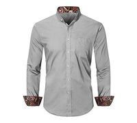 Dioufond Grandad Shirts for Men Long Sleeve Mandarin Collar Shirt Mens Grey M