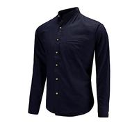 Dioufond Mens Grandad Collar Shirts Long Sleeve Mandarin Shirts for Men Navy Mao Collar M