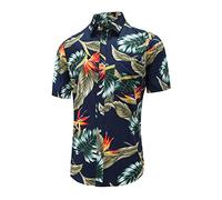 Dioufond Mens Hawaiian Shirts Cotton Summer Men Floral Shirts Short Sleeve Navy Tropical 2XL