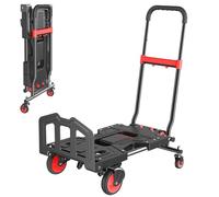 diowewea 3-in-1 Folding Cart & Hand Truck, 150kg Hold Duty Collapsible Trolley with Retractable Handle, Trolley Cart with Wheels, Adjustable 3-Gear for Moving, Luggage, Camping, Warehouse. Red