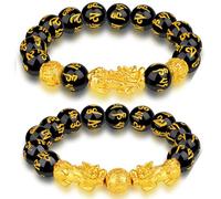 DIOWUS Feng Shui Pixiu Wealth And Luck Bracelet For Men Women, Fengshui Black Obsidian Wealth Bracelet Good Luck Prosperity Buddha Beads Elastic Bracelet Jewelry Gifts, Adjustable, Zinc, no gemstone