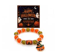 DIOWUS Halloween Limited Edition Bracelet For Women, Black Cat Pumpkin Moon Ghost Crow Stretch Beaded Bracelets with witch Hat Charm Accessory Party Costume Jewelry Gift, Adjustable, Stone, no