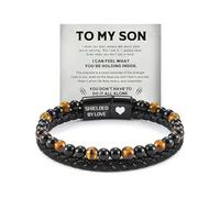 DIOWUS Son's Tiger Eye Protection Bracelets For Men, To My Son Bracelet from Mom Leather Black Beaded Bangle Engarved With Love You Forever Cuff Jewelry Gift for Birthday Christmas, Adjustable