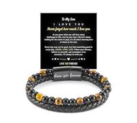 DIOWUS Son's Tiger Eye Protection Bracelets For Men, To My Son Bracelet from Mom Leather Black Beaded Bangle Engarved With Love You Forever Cuff Jewelry Gift for Birthday Christmas, Adjustable