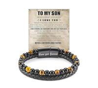 DIOWUS Son's Tiger Eye Protection Bracelets For Men, To My Son Bracelet from Mom Leather Black Beaded Bangle Engarved With Love You Forever Cuff Jewelry Gift for Birthday Christmas, Adjustable