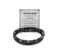 DIOWUS Son's Tiger Eye Protection Bracelets For Men, To My Son Bracelet from Mom Leather Black Beaded Bangle Engarved With Love You Forever Cuff Jewelry Gift for Birthday Christmas, Adjustable