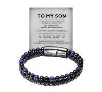 DIOWUS Son's Tiger Eye Protection Bracelets For Men, To My Son Bracelet from Mom Leather Black Beaded Bangle Engarved With Love You Forever Cuff Jewelry Gift for Birthday Christmas, Adjustable