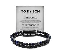 DIOWUS Son's Tiger Eye Protection Bracelets For Men, To My Son Bracelet from Mom Leather Black Beaded Bangle Engarved With Love You Forever Cuff Jewelry Gift for Birthday Christmas, Adjustable