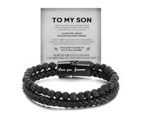 DIOWUS Son's Tiger Eye Protection Bracelets For Men, To My Son Bracelet from Mom Leather Black Beaded Bangle Engarved With Love You Forever Cuff Jewelry Gift for Birthday Christmas, Adjustable