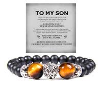 DIOWUS The Guardian - Son's Tiger Eye Protection Bracelet For Men, To My Son Bracelets from Mom Natural Stone Lion Black Beaded Stainless Steel Bangle Jewelry Gift for Birthday Christmas, Adjustable