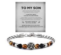 DIOWUS The Guardian - Son's Tiger Eye Protection Bracelet For Men, To My Son Bracelets from Mom Natural Stone Lion Black Beaded Stainless Steel Bangle Jewelry Gift for Birthday Christmas, Adjustable