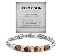 DIOWUS The Guardian - Son's Tiger Eye Protection Bracelet For Men, To My Son Bracelets from Mom Natural Stone Lion Black Beaded Stainless Steel Bangle Jewelry Gift for Birthday Christmas, Adjustable