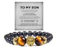 DIOWUS The Guardian - Son's Tiger Eye Protection Bracelet For Men, To My Son Bracelets from Mom Natural Stone Lion Black Beaded Stainless Steel Bangle Jewelry Gift for Birthday Christmas, Adjustable