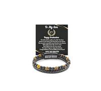 DIOWUS The Guardian - Son's Tiger Eye Protection Bracelets For Men, Leather Black Beaded Bangle Engarved With Love You Forever Cuff Jewelry Gift for Birthday Christmas, Adjustable, Leather, no